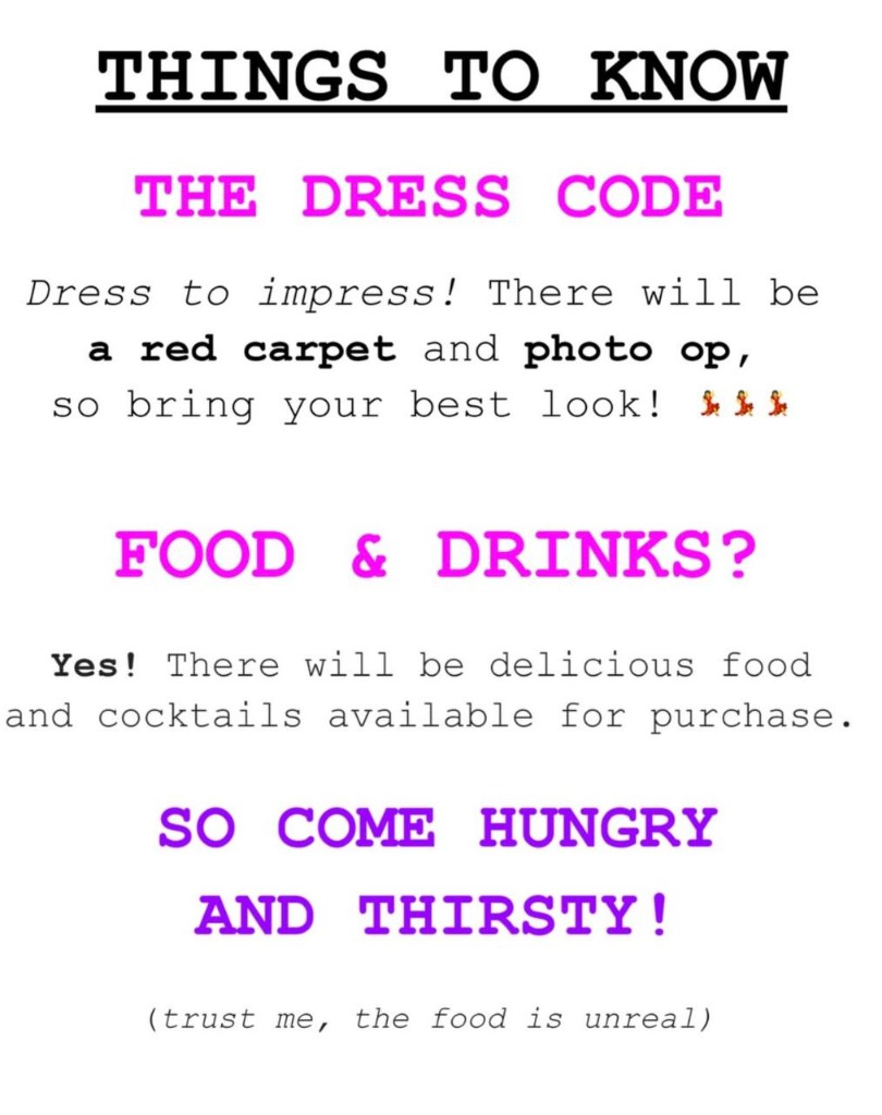 Things to know: dress to impress for the red carpet and photo op. Delicious food and cocktails are available for purchase — come hungry and thirsty.